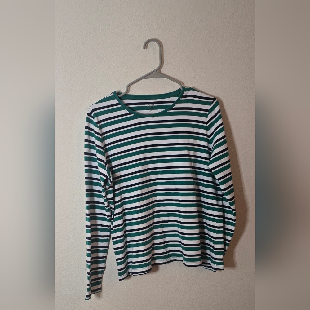 Kim Rogers Perfectly Soft Green Striped Long Sleeve Cotton Classic Top XL